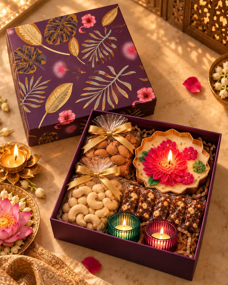 Aarti Square Box — 100g almonds + 100g cashews, 5 khajoor barfi, 1 urli candle + 2 glass tealights