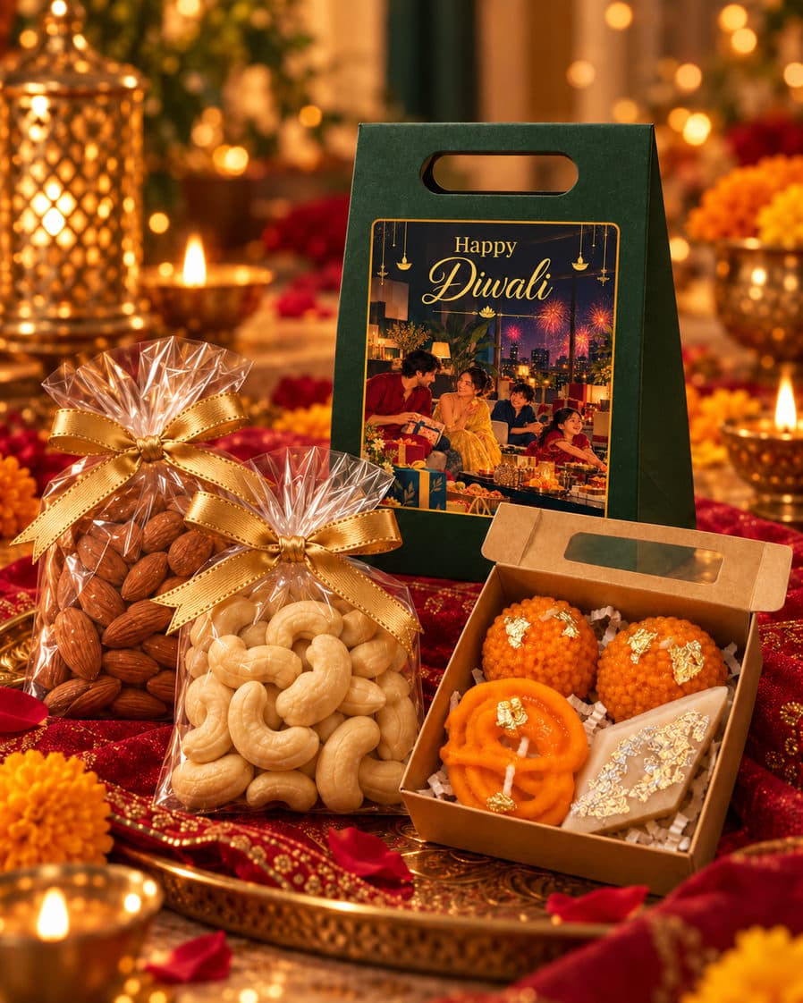 Abha Bag — 100g almonds & cashews, Festive mithai candle set