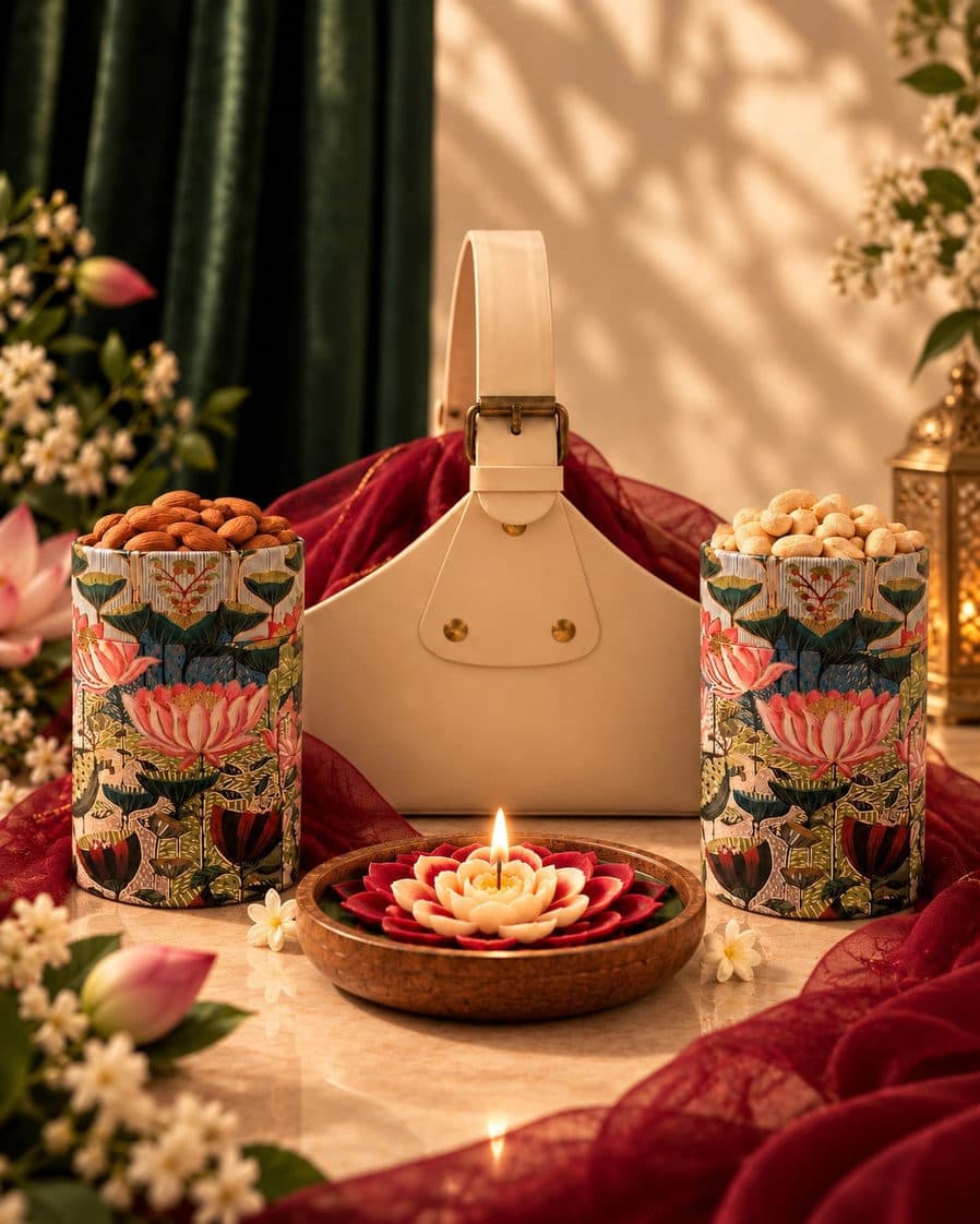 Chandni Basket — 2 round jars, 200g almonds & cashews, 1 wooden floral candle