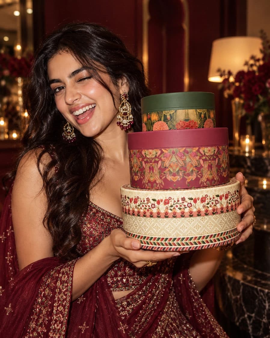 A woman holding a stack of Jashn round gift boxes
