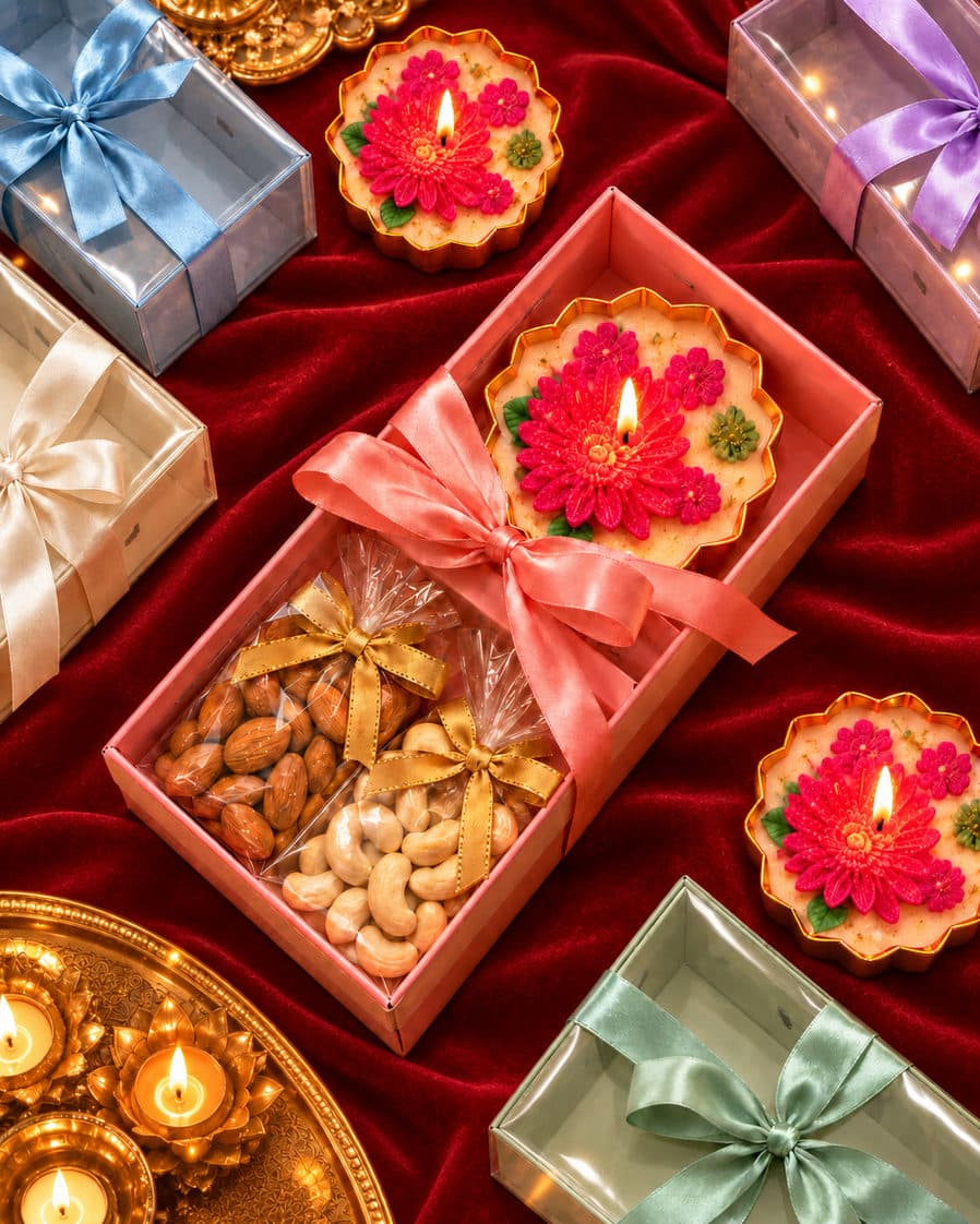 Jyoti Box — 50g almonds + 50g cashews, 1 decorative urli candle
