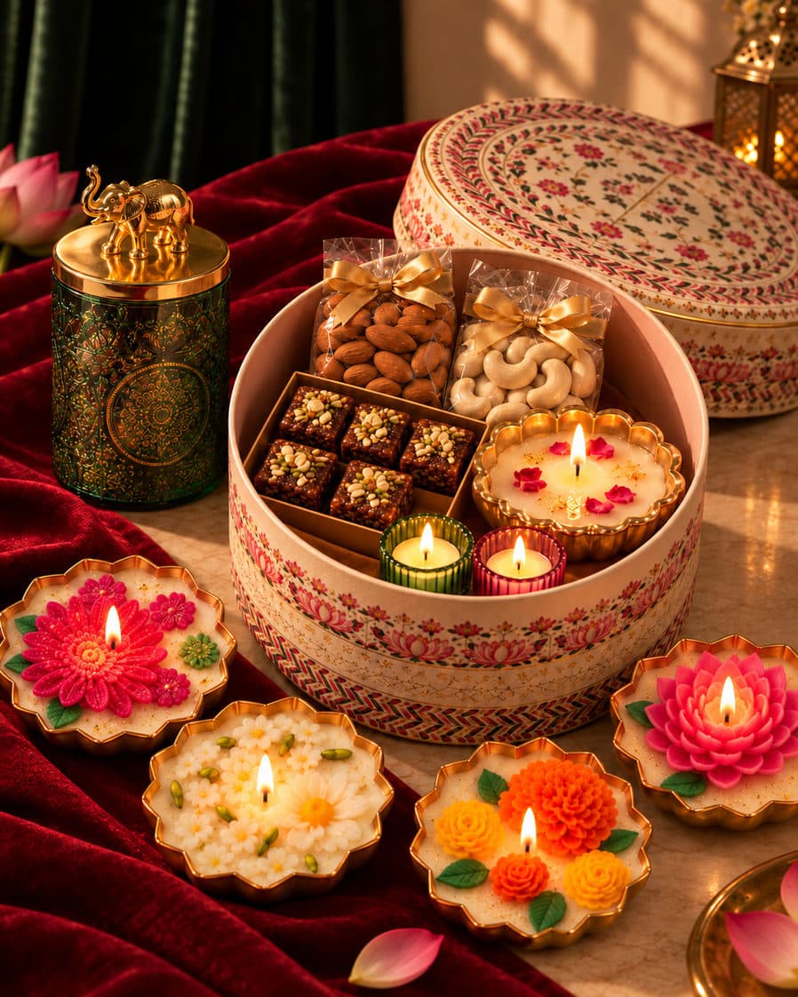 Kamal Round Box — 100g almonds + 100g cashews, 5 khajoor barfi, 100g homemade chocolates in a decorative jar, 1 urli candle + 2 glass tealight candles