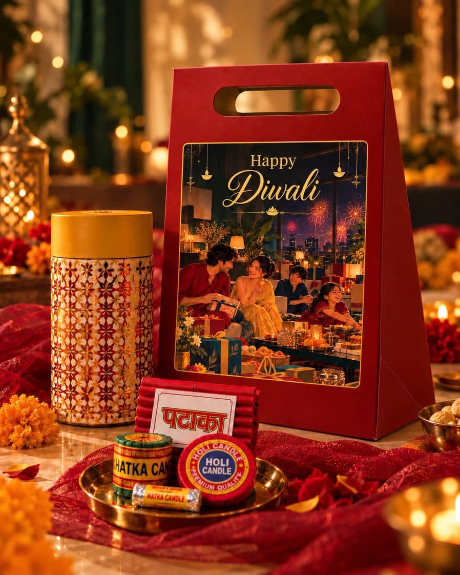 Pataka Box — 1 round jar, 50g almonds + 50g cashews, 1 pataka candle set