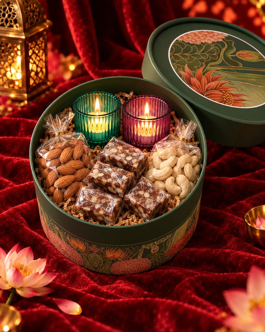 Phool Round Box — 50g almonds + 50g cashews, 5 khajoor barfi, 2 coloured glass candles