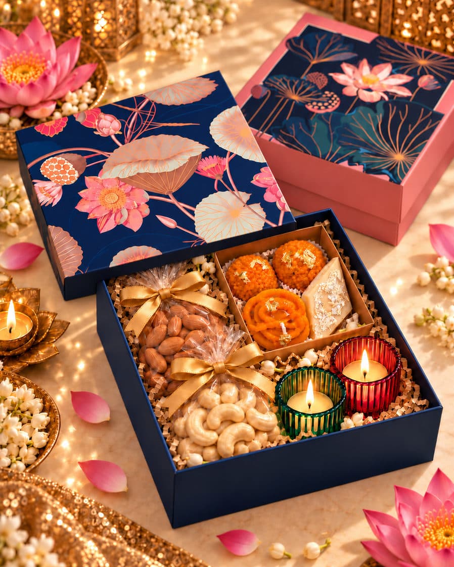 Pooja Square Box — 50g almonds + 50g cashews, Box of 4 festive sweets diyas, 2 glass tealight candles