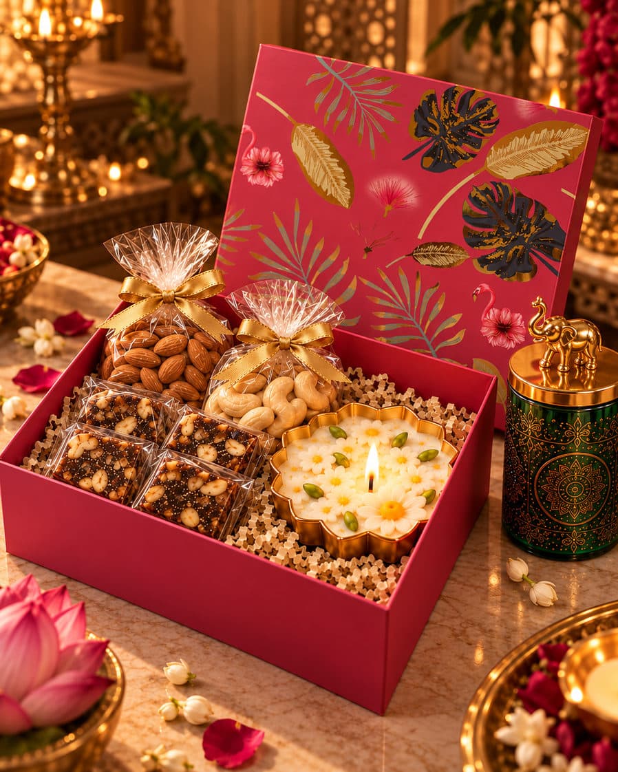 Prasad Square Box — 100g almonds + 100g cashews, 5 khajoor barfi, 1 decorative urli candle, 100g homemade chocolates in a decorative jar