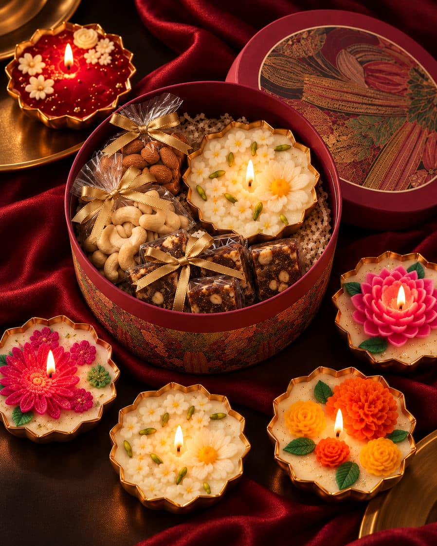 Rang Round Box — 100g almonds + 100g cashews, 5 khajoor barfi, 1 decorative urli candle