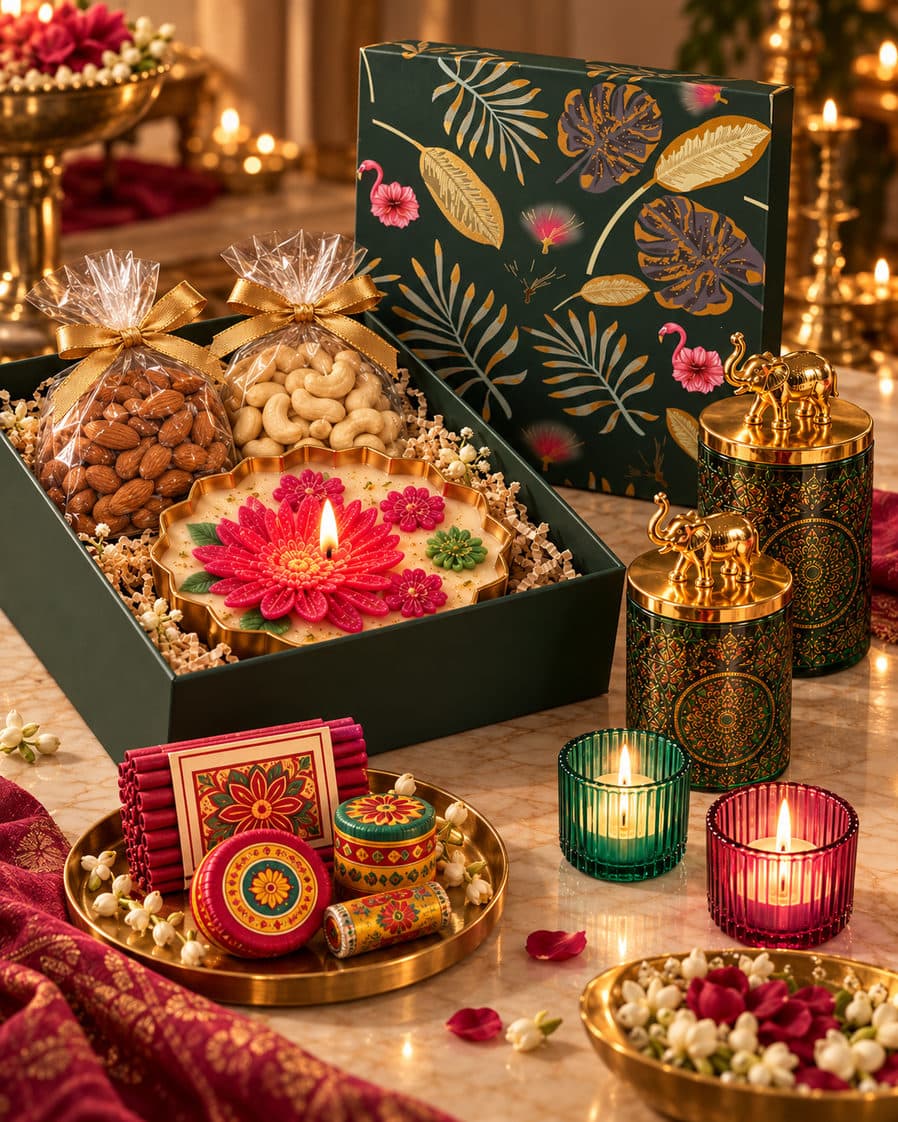 Shagun Square Box — 400g dry fruits, 100g homemade chocolates in a decorative jar, 5 khajoor barfi in a decorative jar, 1 decorative urli candle + fireworks candle set + 2 glass tealights
