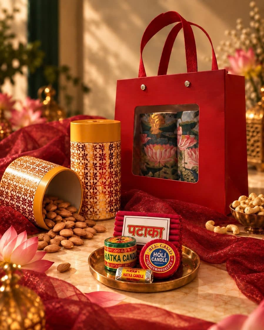 Sitara Bag — 2 round barrels, 200g almonds & cashews, 1 fireworks candle set