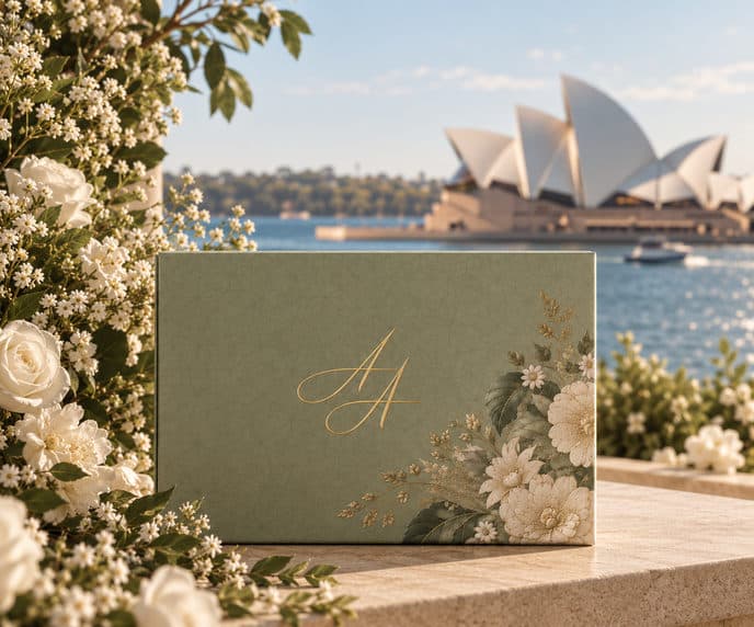 Custom monogram wedding gift with the Sydney Opera House behind